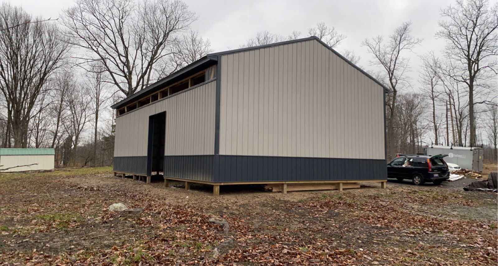 White & Charcoal Pole Barn